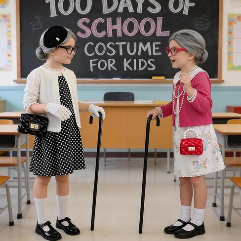 Latocos 16pcs Girls 100 Days of School Costume Kids Old Lady Costume Pillbox Hat Bag Gloves Grandma Cardigan Dress Up Set in Kuwait