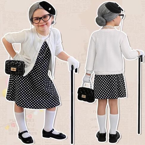 Latocos 16pcs Girls 100 Days of School Costume Kids Old Lady Costume Pillbox Hat Bag Gloves Grandma Cardigan Dress Up Set in Kuwait