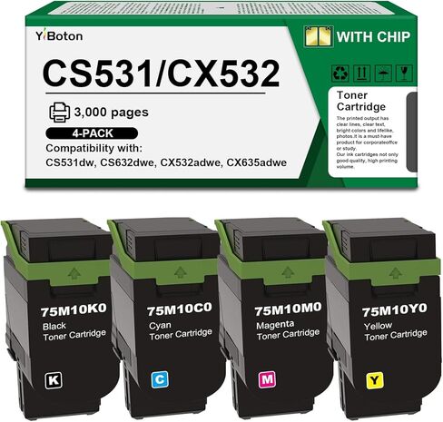 High Yield CS531 CX532 Toner Cartridge with Smart Chip (75M10K0 75M10C0 75M10M0 75M10Y0) Replacement for Lexmark CS531dw CS632dwe CX532adwe CX635adwe Printers(4-Pack) in Kuwait