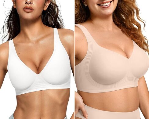 OEAK Womens Deep V Bras Wireless White & Womens Wireless Jelly Bra Plus Size Skin Color XXL in Kuwait