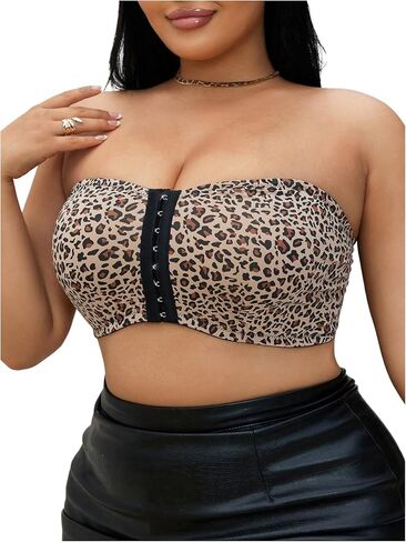 OYOANGLE Women's Plus Size Cheetah Print Front Closure Strapless Bra Wireless Non Padded Tube Top Bras in Saudi Arabia
