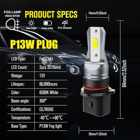 AC/DC 9-36V P13W LED لمبة الضباب البيضاء، 3800LM فائقة السطوع 2x45mil 5730 رقائق 12277 SH23W LED لمبات السيارات والشاحنات، غير قطبية.2-حزم. in Kuwait