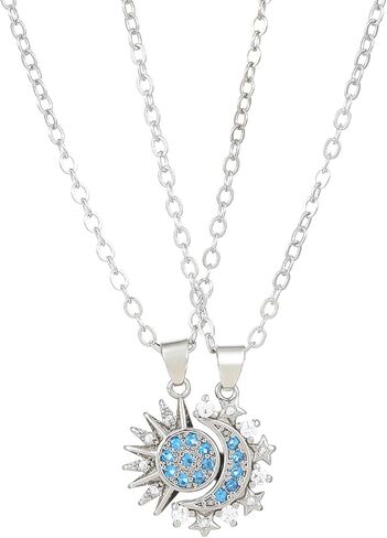 Sun Moon Necklace Set Stackable Necklace for Women Men Sparkling Gold Silver Rhinestone Sun Pendant Necklace Couple Necklaces Matching Necklaces as Friendship Best Friend Jewelry for Women Men in Kuwait
