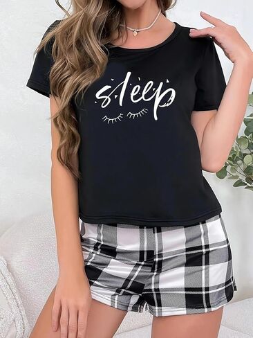 Pajamas for Women Set, 2 Piece Sleepwear Loungewear Casual Pajama Sets Sleepy Short Sleeve Crew Neck with Plaid Shorts in Saudi Arabia