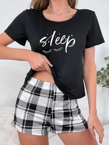 Pajamas for Women Set, 2 Piece Sleepwear Loungewear Casual Pajama Sets Sleepy Short Sleeve Crew Neck with Plaid Shorts in Saudi Arabia