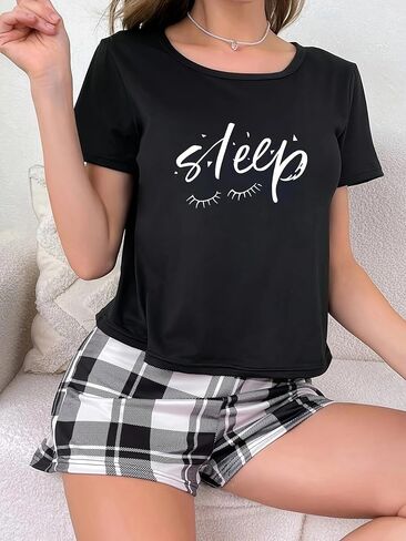 Pajamas for Women Set, 2 Piece Sleepwear Loungewear Casual Pajama Sets Sleepy Short Sleeve Crew Neck with Plaid Shorts in Saudi Arabia