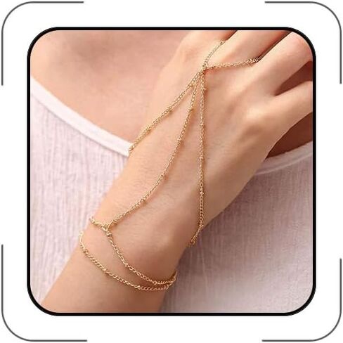 Hand Chain Bracelet Ring Bracelet Hand Chain Simple Gold Finger Bracelet Ring Hand Chain Slave Bracelets Dainty Boho Summer Beach Jewelry Gifts for Women(Gold, Style C) in Kuwait