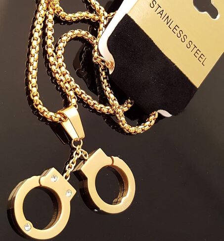 Hip Hop Jewelry Rapper Style Stainless Steel Handcuff Pendant & 3mm 24" Rolo Link Chain Necklace Gift in Kuwait
