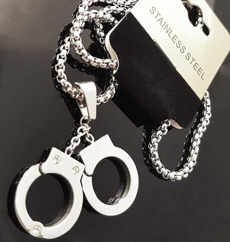 Hip Hop Jewelry Rapper Style Stainless Steel Handcuff Pendant & 3mm 24" Rolo Link Chain Necklace Gift in Kuwait