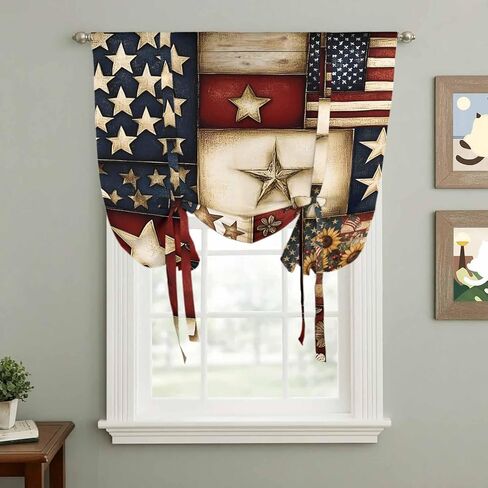 American Flag Tie Up Curtains for Window, Texas Star Farmhouse Sunflowers Blue Red Thermal Insulated Balloon Shade Adjustable Rod Pocket Curtains Valance Panels for Kitchen Bathroom Café 34'' x 45'' in Saudi Arabia