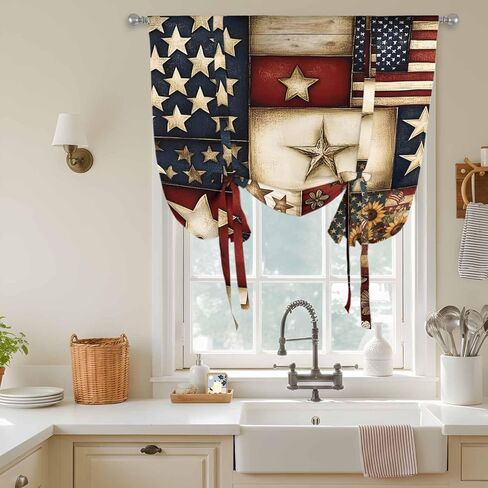 American Flag Tie Up Curtains for Window, Texas Star Farmhouse Sunflowers Blue Red Thermal Insulated Balloon Shade Adjustable Rod Pocket Curtains Valance Panels for Kitchen Bathroom Café 34'' x 45'' in Saudi Arabia