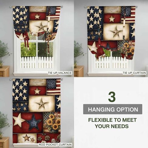 American Flag Tie Up Curtains for Window, Texas Star Farmhouse Sunflowers Blue Red Thermal Insulated Balloon Shade Adjustable Rod Pocket Curtains Valance Panels for Kitchen Bathroom Café 34'' x 45'' in Saudi Arabia
