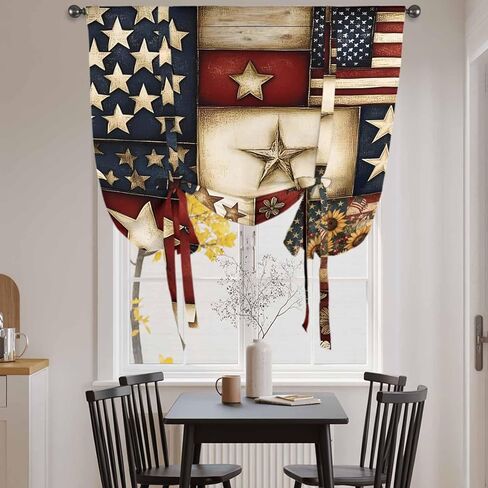 American Flag Tie Up Curtains for Window, Texas Star Farmhouse Sunflowers Blue Red Thermal Insulated Balloon Shade Adjustable Rod Pocket Curtains Valance Panels for Kitchen Bathroom Café 34'' x 45'' in Saudi Arabia