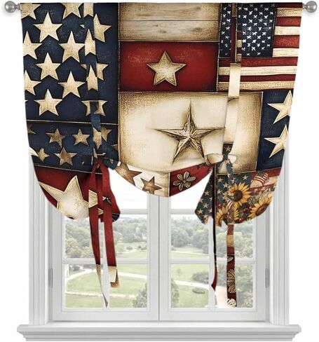 American Flag Tie Up Curtains for Window, Texas Star Farmhouse Sunflowers Blue Red Thermal Insulated Balloon Shade Adjustable Rod Pocket Curtains Valance Panels for Kitchen Bathroom Café 34'' x 45'' in Saudi Arabia