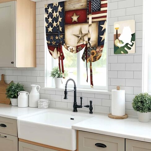 American Flag Tie Up Curtains for Window, Texas Star Farmhouse Sunflowers Blue Red Thermal Insulated Balloon Shade Adjustable Rod Pocket Curtains Valance Panels for Kitchen Bathroom Café 34'' x 45'' in Saudi Arabia