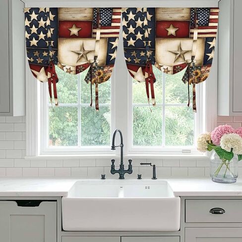 American Flag Tie Up Curtains for Window, Texas Star Farmhouse Sunflowers Blue Red Thermal Insulated Balloon Shade Adjustable Rod Pocket Curtains Valance Panels for Kitchen Bathroom Café 34'' x 45'' in Saudi Arabia