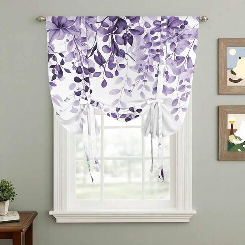 Purple Tie Up Curtains for Window, Eucalyptus Leaves Thermal Insulated Balloon Shade Adjustable Rod Pocket Curtains Valance Panels for Kitchen Bathroom Café 42'' x 45'' in Saudi Arabia