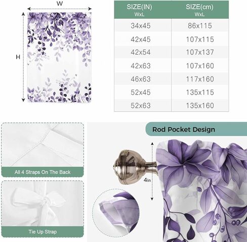 Purple Tie Up Curtains for Window, Eucalyptus Leaves Thermal Insulated Balloon Shade Adjustable Rod Pocket Curtains Valance Panels for Kitchen Bathroom Café 42'' x 45'' in Saudi Arabia