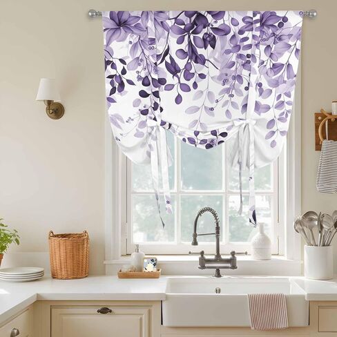 Purple Tie Up Curtains for Window, Eucalyptus Leaves Thermal Insulated Balloon Shade Adjustable Rod Pocket Curtains Valance Panels for Kitchen Bathroom Café 42'' x 45'' in Saudi Arabia