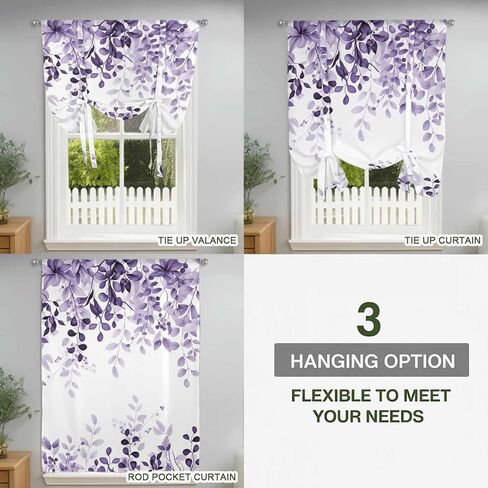 Purple Tie Up Curtains for Window, Eucalyptus Leaves Thermal Insulated Balloon Shade Adjustable Rod Pocket Curtains Valance Panels for Kitchen Bathroom Café 42'' x 45'' in Saudi Arabia