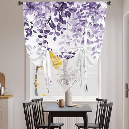 Purple Tie Up Curtains for Window, Eucalyptus Leaves Thermal Insulated Balloon Shade Adjustable Rod Pocket Curtains Valance Panels for Kitchen Bathroom Café 42'' x 45'' in Saudi Arabia