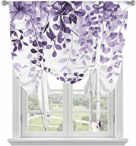 Purple Tie Up Curtains for Window, Eucalyptus Leaves Thermal Insulated Balloon Shade Adjustable Rod Pocket Curtains Valance Panels for Kitchen Bathroom Café 42'' x 45'' in Saudi Arabia