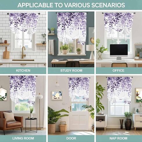 Purple Tie Up Curtains for Window, Eucalyptus Leaves Thermal Insulated Balloon Shade Adjustable Rod Pocket Curtains Valance Panels for Kitchen Bathroom Café 42'' x 45'' in Saudi Arabia