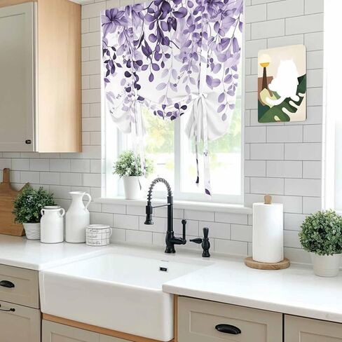 Purple Tie Up Curtains for Window, Eucalyptus Leaves Thermal Insulated Balloon Shade Adjustable Rod Pocket Curtains Valance Panels for Kitchen Bathroom Café 42'' x 45'' in Saudi Arabia