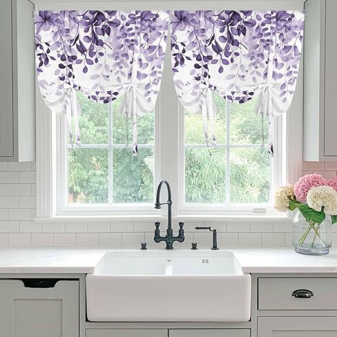 Purple Tie Up Curtains for Window, Eucalyptus Leaves Thermal Insulated Balloon Shade Adjustable Rod Pocket Curtains Valance Panels for Kitchen Bathroom Café 42'' x 45'' in Saudi Arabia
