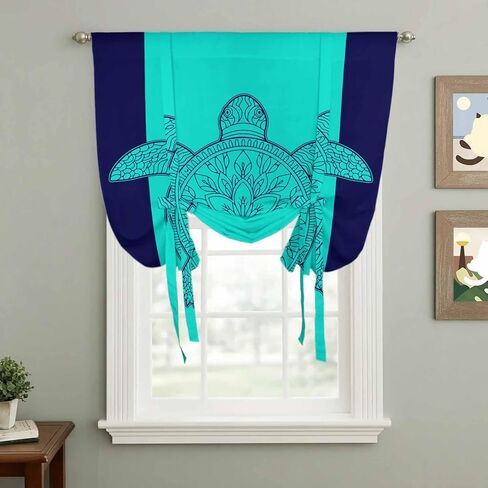 Turtle Mandalas Tie Up Curtains for Window, Boho Modern Abstract Blue Stripe Summer Thermal Insulated Balloon Shade Adjustable Rod Pocket Curtains Valance Panels for Kitchen Bathroom Café 34'' x 45'' in Saudi Arabia