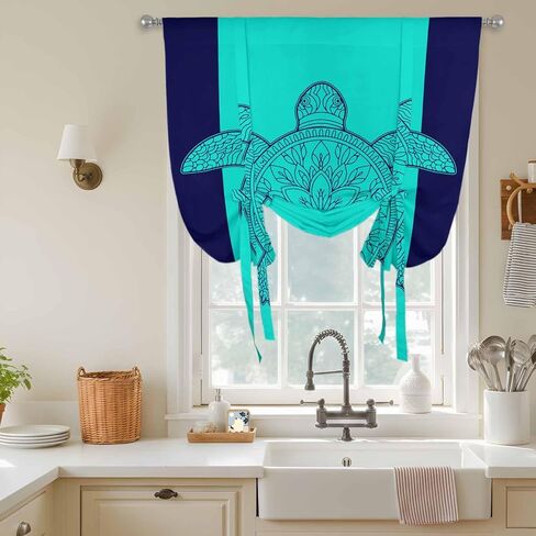 Turtle Mandalas Tie Up Curtains for Window, Boho Modern Abstract Blue Stripe Summer Thermal Insulated Balloon Shade Adjustable Rod Pocket Curtains Valance Panels for Kitchen Bathroom Café 34'' x 45'' in Saudi Arabia