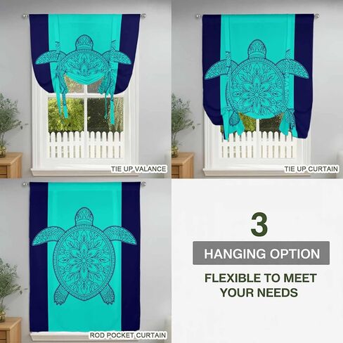Turtle Mandalas Tie Up Curtains for Window, Boho Modern Abstract Blue Stripe Summer Thermal Insulated Balloon Shade Adjustable Rod Pocket Curtains Valance Panels for Kitchen Bathroom Café 34'' x 45'' in Saudi Arabia