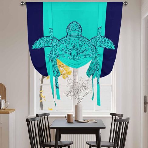Turtle Mandalas Tie Up Curtains for Window, Boho Modern Abstract Blue Stripe Summer Thermal Insulated Balloon Shade Adjustable Rod Pocket Curtains Valance Panels for Kitchen Bathroom Café 34'' x 45'' in Saudi Arabia