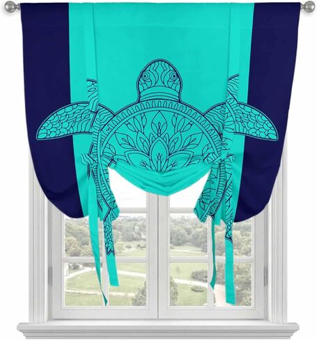 Turtle Mandalas Tie Up Curtains for Window, Boho Modern Abstract Blue Stripe Summer Thermal Insulated Balloon Shade Adjustable Rod Pocket Curtains Valance Panels for Kitchen Bathroom Café 34'' x 45'' in Saudi Arabia