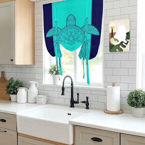 Turtle Mandalas Tie Up Curtains for Window, Boho Modern Abstract Blue Stripe Summer Thermal Insulated Balloon Shade Adjustable Rod Pocket Curtains Valance Panels for Kitchen Bathroom Café 34'' x 45'' in Saudi Arabia