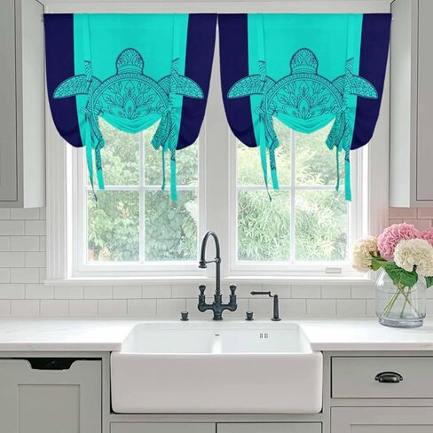 Turtle Mandalas Tie Up Curtains for Window, Boho Modern Abstract Blue Stripe Summer Thermal Insulated Balloon Shade Adjustable Rod Pocket Curtains Valance Panels for Kitchen Bathroom Café 34'' x 45'' in Saudi Arabia