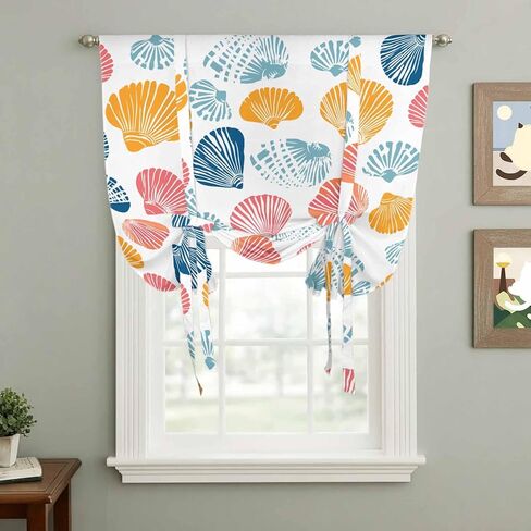 Colorful Shell Tie Up Curtains for Window, Watercolor Summer Beach Coastal Thermal Insulated Balloon Shade Adjustable Rod Pocket Curtains Valance Panels for Kitchen Bathroom Café 42'' x 63'' in Saudi Arabia