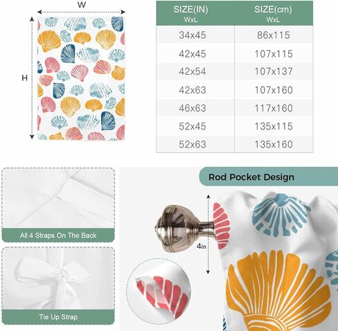Colorful Shell Tie Up Curtains for Window, Watercolor Summer Beach Coastal Thermal Insulated Balloon Shade Adjustable Rod Pocket Curtains Valance Panels for Kitchen Bathroom Café 42'' x 63'' in Saudi Arabia