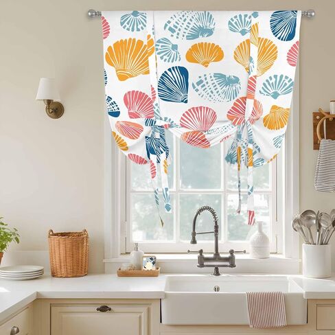 Colorful Shell Tie Up Curtains for Window, Watercolor Summer Beach Coastal Thermal Insulated Balloon Shade Adjustable Rod Pocket Curtains Valance Panels for Kitchen Bathroom Café 42'' x 63'' in Saudi Arabia