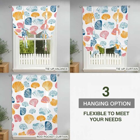 Colorful Shell Tie Up Curtains for Window, Watercolor Summer Beach Coastal Thermal Insulated Balloon Shade Adjustable Rod Pocket Curtains Valance Panels for Kitchen Bathroom Café 42'' x 63'' in Saudi Arabia