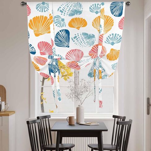 Colorful Shell Tie Up Curtains for Window, Watercolor Summer Beach Coastal Thermal Insulated Balloon Shade Adjustable Rod Pocket Curtains Valance Panels for Kitchen Bathroom Café 42'' x 63'' in Saudi Arabia