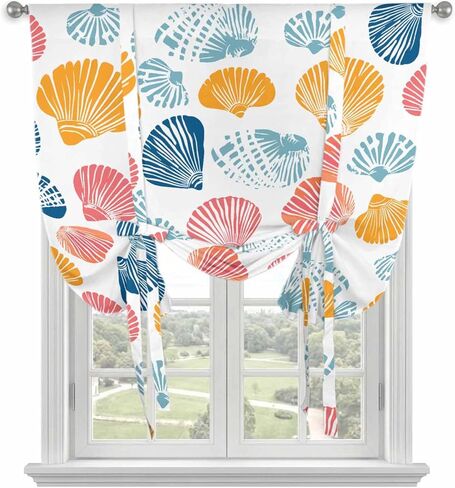 Colorful Shell Tie Up Curtains for Window, Watercolor Summer Beach Coastal Thermal Insulated Balloon Shade Adjustable Rod Pocket Curtains Valance Panels for Kitchen Bathroom Café 42'' x 63'' in Saudi Arabia