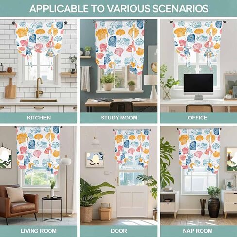 Colorful Shell Tie Up Curtains for Window, Watercolor Summer Beach Coastal Thermal Insulated Balloon Shade Adjustable Rod Pocket Curtains Valance Panels for Kitchen Bathroom Café 42'' x 63'' in Saudi Arabia