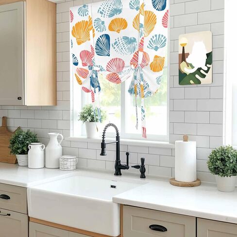 Colorful Shell Tie Up Curtains for Window, Watercolor Summer Beach Coastal Thermal Insulated Balloon Shade Adjustable Rod Pocket Curtains Valance Panels for Kitchen Bathroom Café 42'' x 63'' in Saudi Arabia