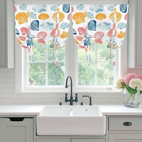 Colorful Shell Tie Up Curtains for Window, Watercolor Summer Beach Coastal Thermal Insulated Balloon Shade Adjustable Rod Pocket Curtains Valance Panels for Kitchen Bathroom Café 42'' x 63'' in Saudi Arabia
