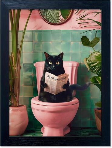 مؤطرة الأسود القط الحمام جدار الفن العصرية جرلي قماش طباعة مضحك القط القراءة الوردي المرحاض ديكور مزرعة صورة جدار ديكور in Kuwait