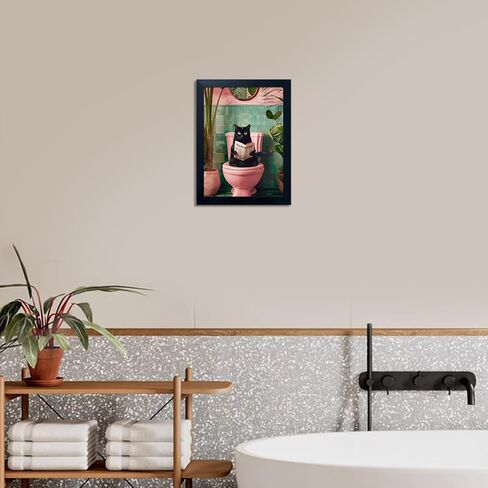 مؤطرة الأسود القط الحمام جدار الفن العصرية جرلي قماش طباعة مضحك القط القراءة الوردي المرحاض ديكور مزرعة صورة جدار ديكور in Kuwait
