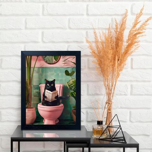 مؤطرة الأسود القط الحمام جدار الفن العصرية جرلي قماش طباعة مضحك القط القراءة الوردي المرحاض ديكور مزرعة صورة جدار ديكور in Kuwait