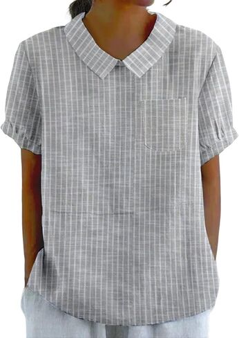Cotton Linen Shirt for Womens 2026 Summer Collared Short Sleeve Boho Shirts Casual Loose Beach Vacation Blouse in Saudi Arabia