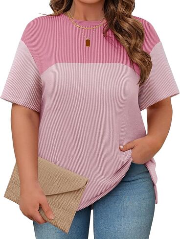 Womens Plus Size Short Sleeve Color Block Pullover Tunic Tops Summer Casual Crewneck Side Split T Shirts in Saudi Arabia
